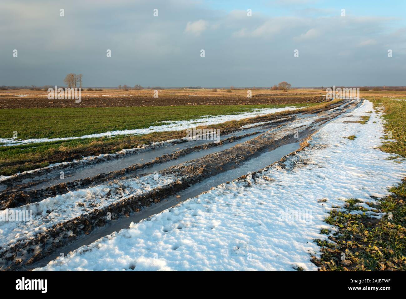 Route de terre gelée à travers champs, horizon et ciel Banque D'Images