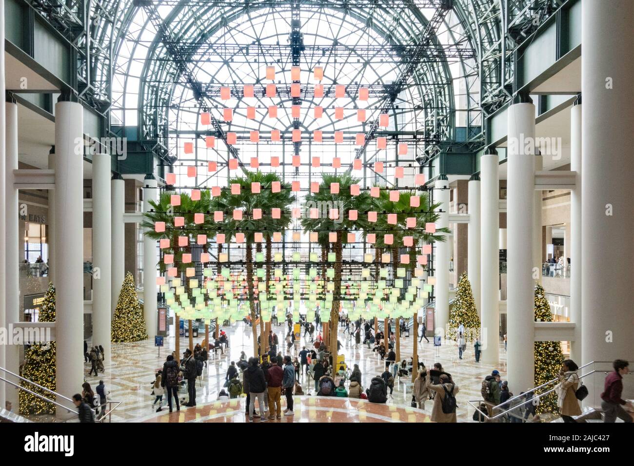 Le Jardin d'hiver à Brookfield Place est décorée pour les fêtes avec des lumières, New York City, USA Banque D'Images