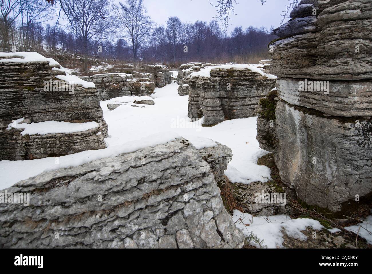 Valle delle Sfingi avec de la neige sur le plateau de Lessinia, appelée la Vallée des Sphinx pour ses formations karstiques. Parc naturel régional de Lessinia, Ven Banque D'Images