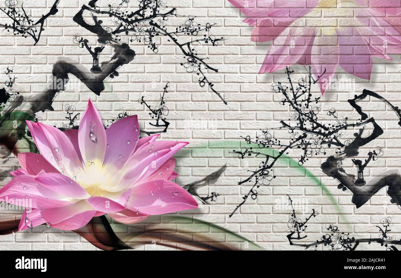 Texture papier peint 3d fleur de lotus, de l'eau sur le calcaire. Paysage d'encre style chinois Banque D'Images