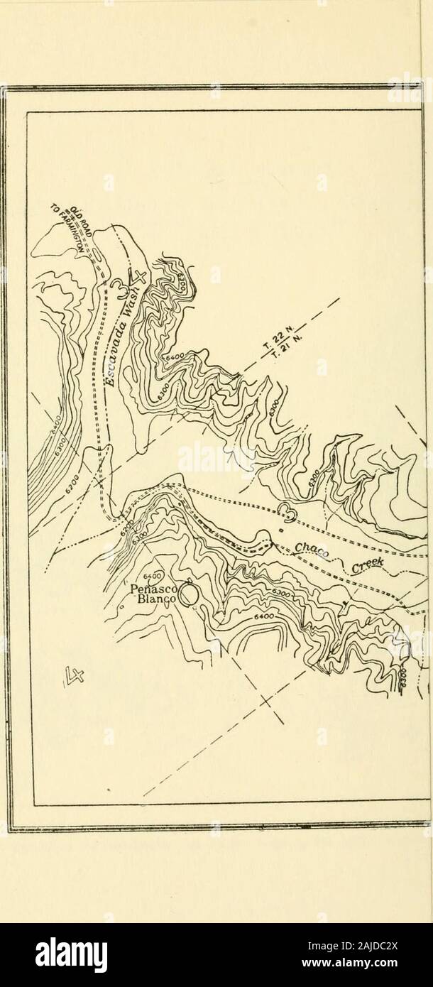 Smithsonian Miscellaneous Collections . Fig. I.-l'enterré, ou post-Bonito. channel par rapport à aujourd'hui arroyo dans le Chaco Canyon.. N° 7 Géologie de Chaco Canyon-BRYAN 3 climat, avec toutes les informations disponibles sur l'âge de l'presentarroyo dans le Chaco Canyon, avec plutôt des études détaillées de geologic proc-esses maintenant il y actuel, et une description de l'alluvion de thevalley-de-chaussée. Il présente ensuite la preuve que cette divisibleinto alluvions est de trois parties : la terrasse, la vallée principale, remplissage et l'après-Bonitochannel. L'antiquité de ces divisions et de leur corrélation withsimilar Banque D'Images