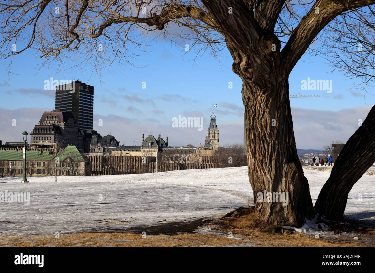 Plaines d'Abraham en hiver avec skyline et le Parlement de la ville de Québec dans l'arrière-plan.quebec.Canada Banque D'Images