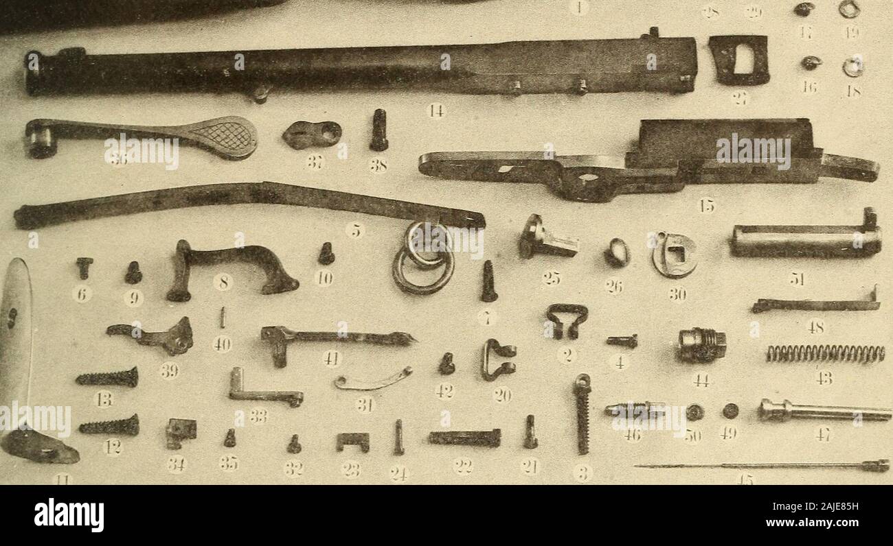Rapport de la Commission d'officiers nommés en application de la loi du Congrès ont approuvé le 6 juin 1872, aux fins de la sélection d'un système par la culasse pour les fusils et carabines du service militaire, ainsi que leur rapport sur le sujet de la truelle-baïonnettes ; . de, le nez de l'ensembleressort-sear équitation sur l'Épaulement biseauté du filet sur la vis-pointeau, les prises contre son visage carré, et retient la vis contre le ressort de pression, quand, afin de charger la pièce, le resist-ance de la main a été retirée. Fermé.-par ramener le levier à sa place sous la barre Banque D'Images