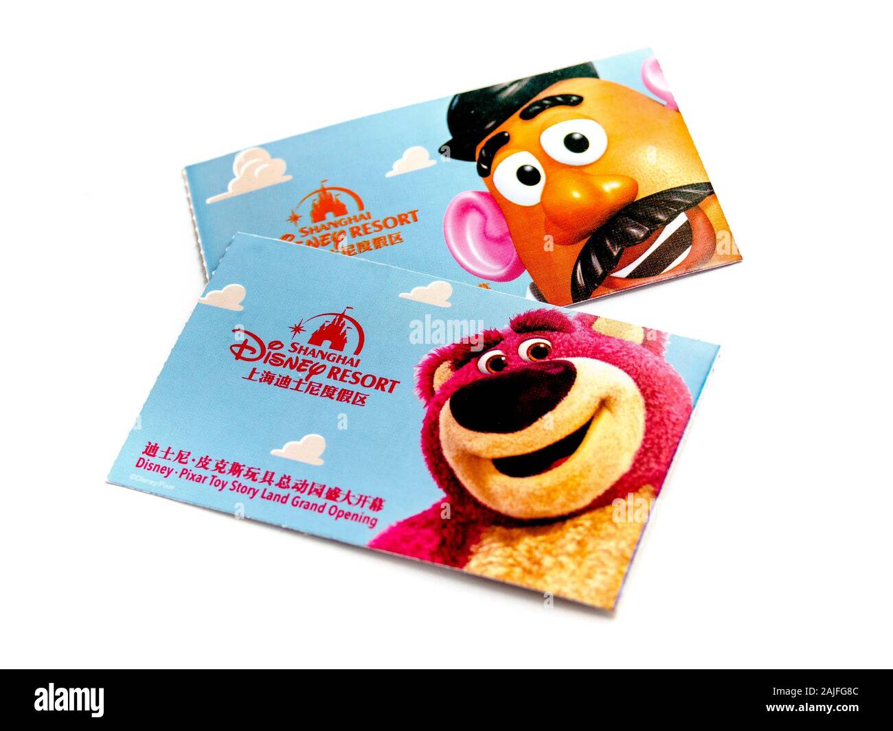 SHANGHAI, CHINE - 15 MAI 2018 : Les billets de Shanghai Disneyland est une destination touristique célèbre et populaire destination de vacances familiales en Chine. Isolé sur une brindille Banque D'Images