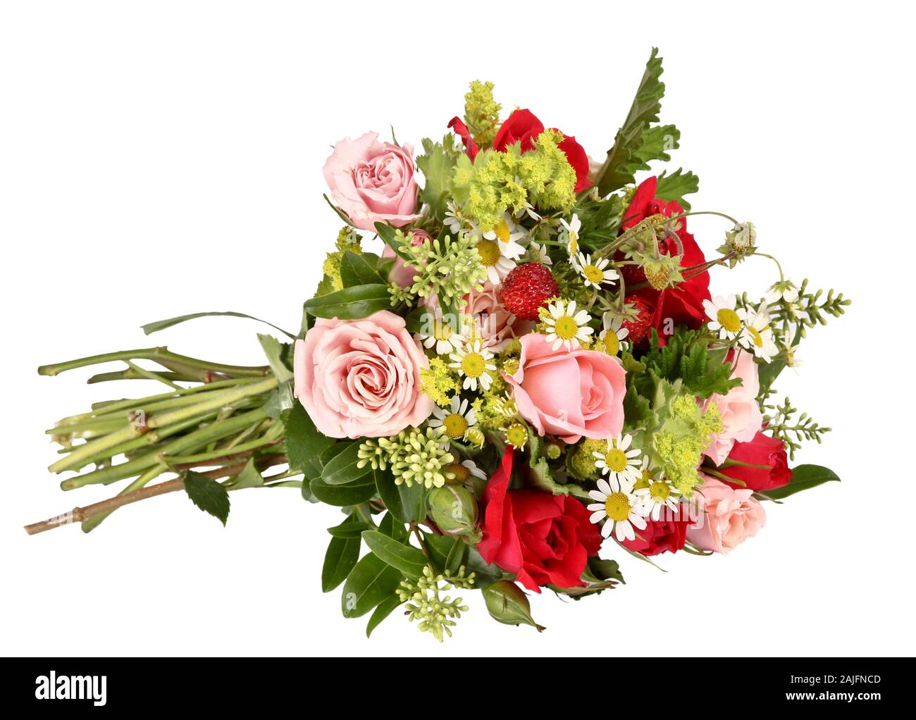 Bouquet avec différents roses et fraises des bois Banque D'Images