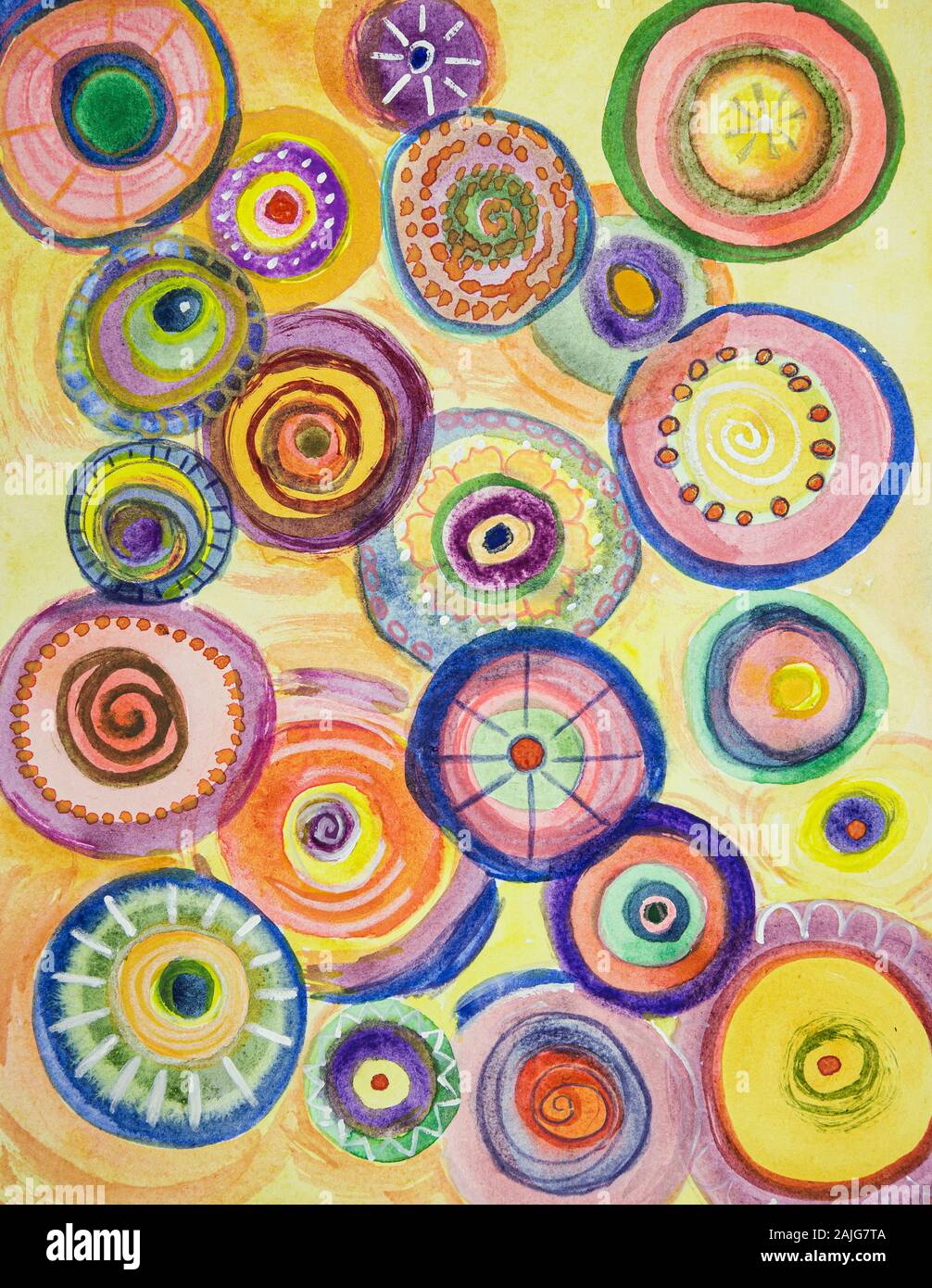 Abstract circles colorés lunatique . La technique du badigeonnage près des bords donne un effet de flou en raison de la modification de la rugosité de surface du papier Banque D'Images