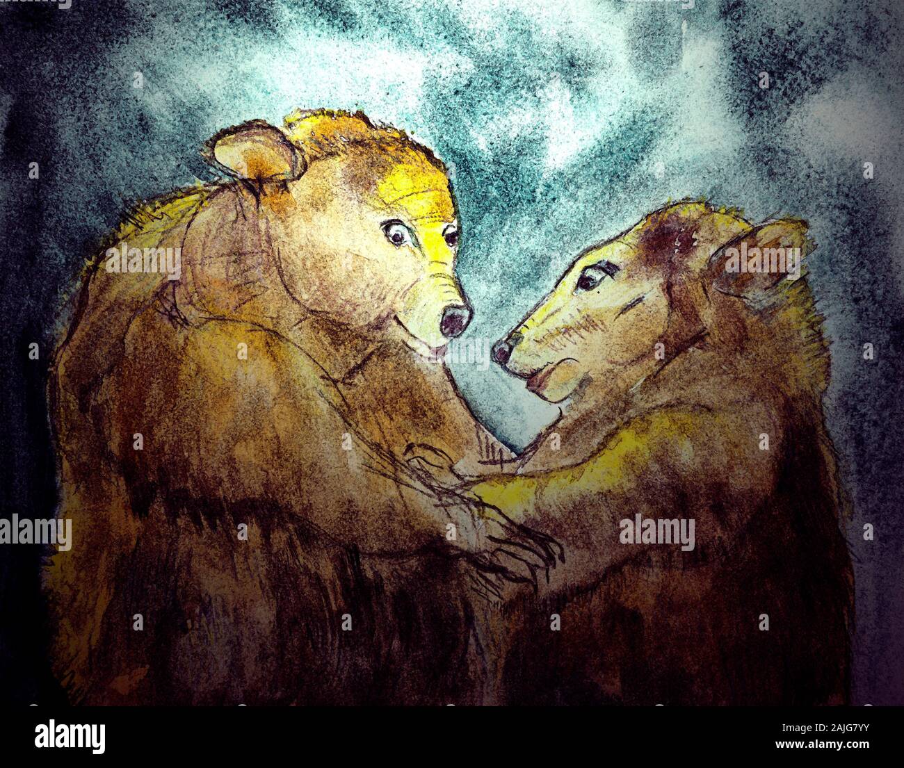 Deux ours plaing ensemble. La technique du badigeonnage près des bords donne un effet de flou en raison de la modification de la rugosité de surface du papier. Banque D'Images