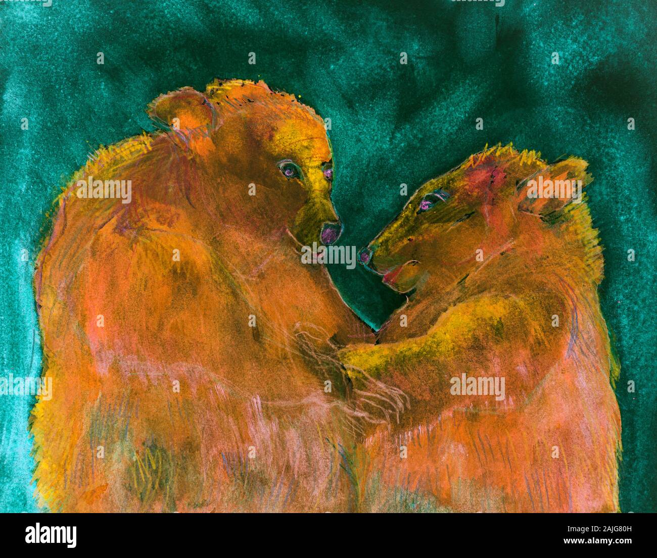 Deux ours en environnement psychédélique. La technique du badigeonnage près des bords donne un effet de flou en raison de la modification de la rugosité de surface du papier Banque D'Images