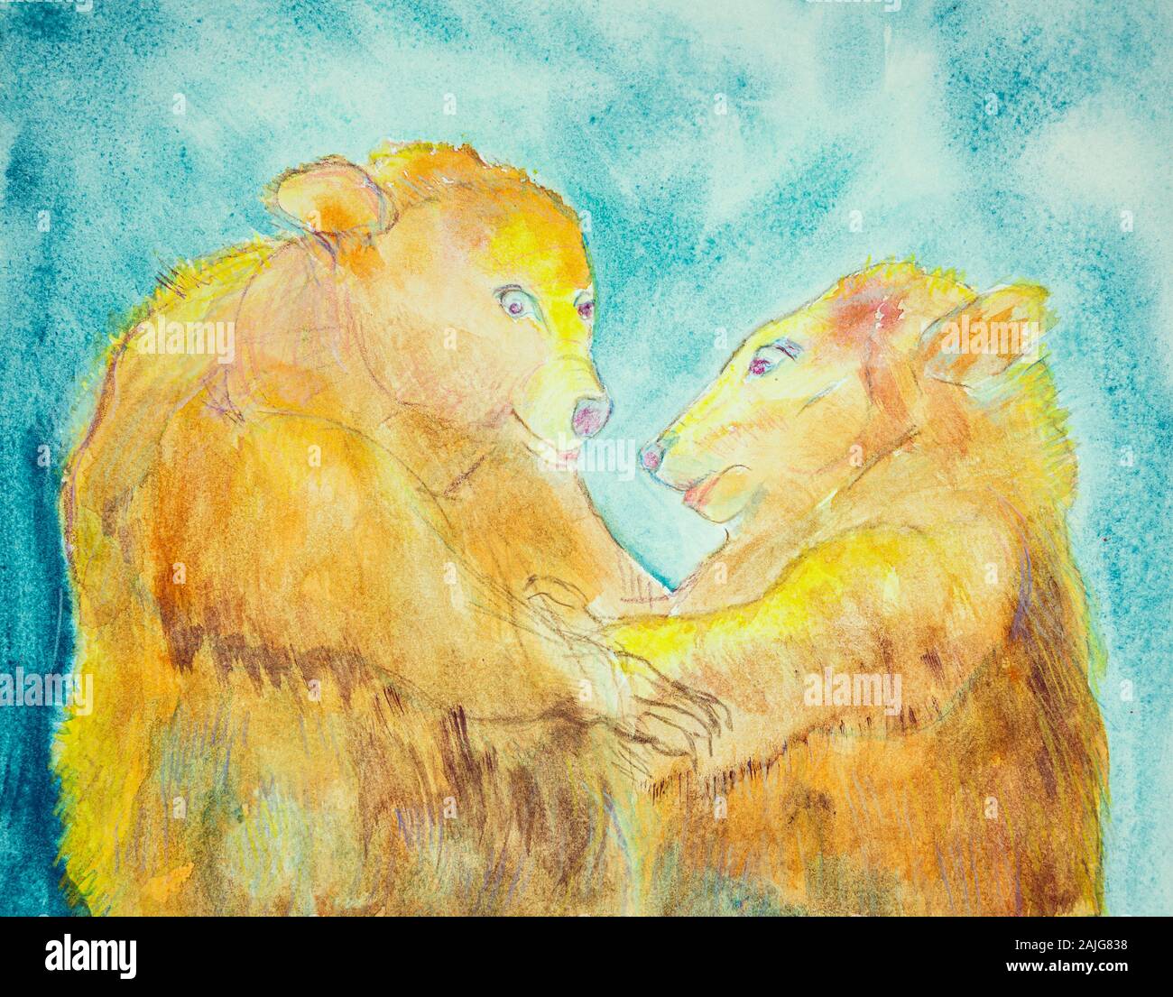 Deux ours d'avoir une conversation. La technique du badigeonnage près des bords donne un effet de flou en raison de la modification de la rugosité de surface du papier. Banque D'Images