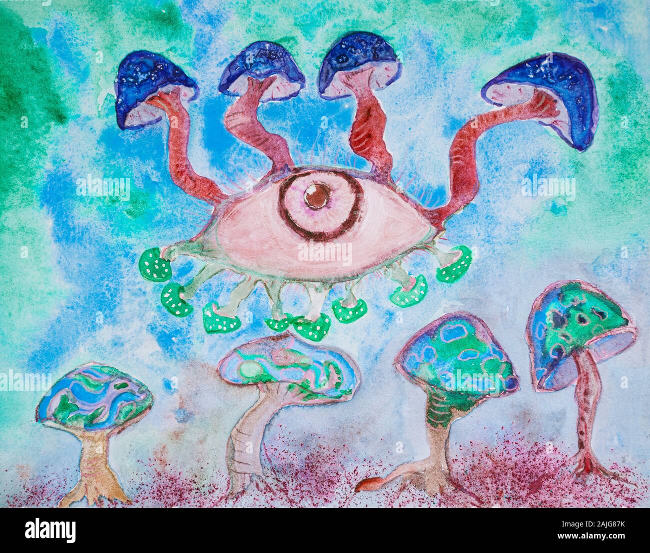 Champignons bleu en musique psychédélique. La technique du badigeonnage près des bords donne un effet de flou en raison de la modification de la rugosité de surface du papier. Banque D'Images