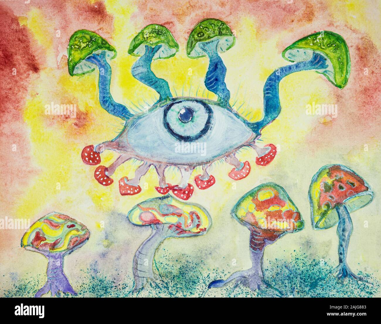 Le trippy troisième œil. La technique du badigeonnage près des bords donne un effet de flou en raison de la modification de la rugosité de surface du papier. Banque D'Images