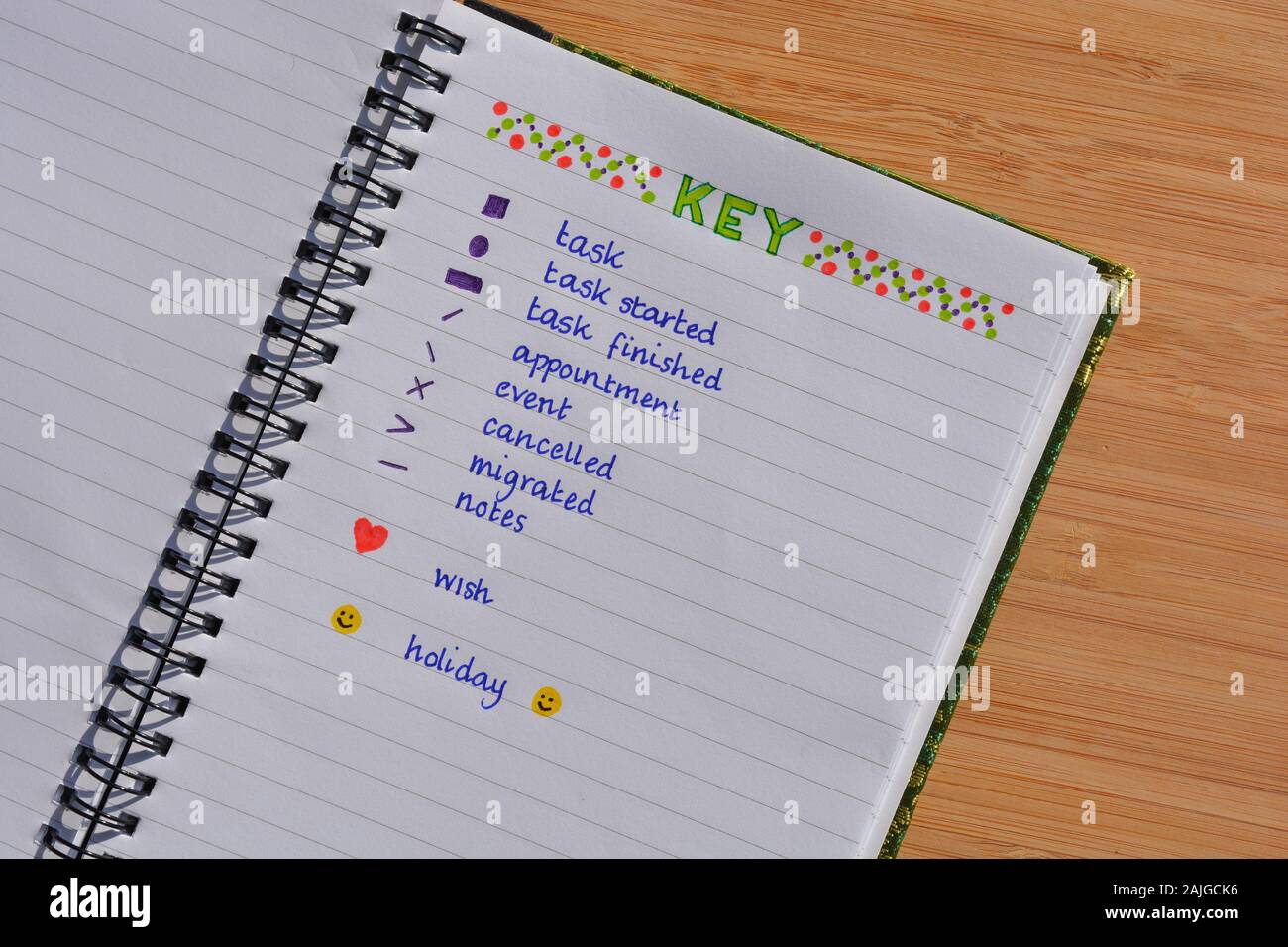 Bullet journal, montrant la clé et les symboles Banque D'Images