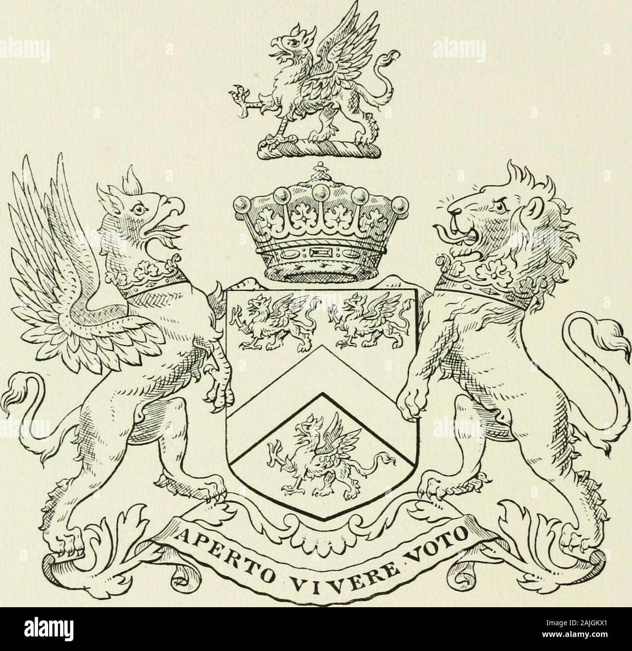 Visite de l'Angleterre et au Pays de Galles . 96. AYLESFORD. Armoiries sur enregistrement dans le Collège d'armes, d'argent au chevron-betweenthree griffins passant de sable. Crest.-Un griffon passant de sable. Partisans.-Dexter, un sable gorgé ducally griffin ; ou sinistre, un lion d'azur colletée orducally. . Devise Aperto vivere voto-. aylesforii. Heneage Finch, comte d'Aylesford et Baron de Guernesey en =la pairie de Grande-bretagne (2e fils survivant de Heneage, 4e comte d'Aylesford, par Lady Louisa, sa femme ofThomas. dau aîné ist, Marquis de baignoire) ; née le 24 avril, bapt. à St.James, Westminster, 25 mai 1786 ; de l'Église du Christ, Oxf Banque D'Images
