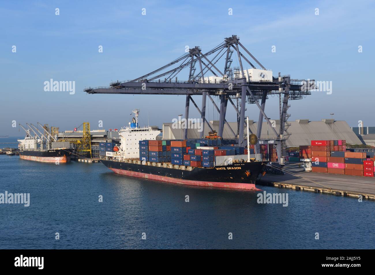 Le Dragon blanc porte-conteneurs sous les grues en Port de Laem Chabang, Thaïlande. Banque D'Images