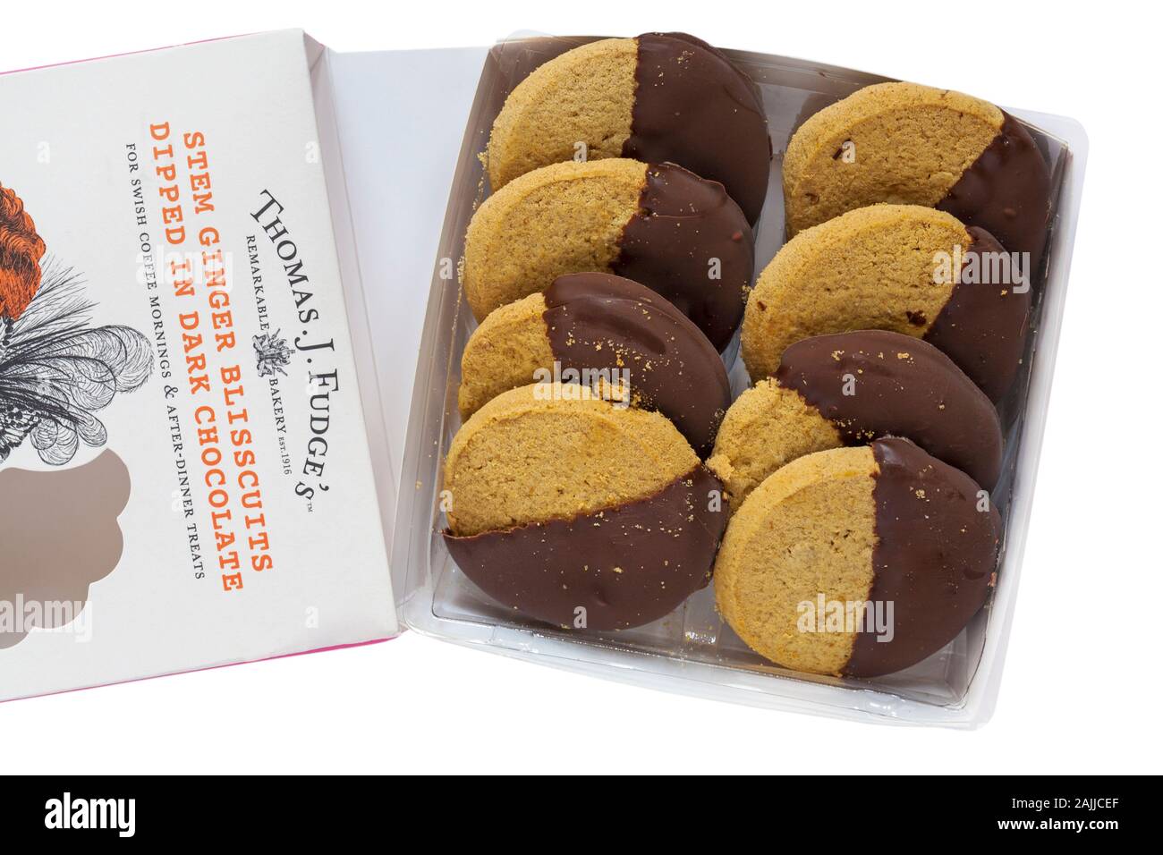 Pack de Thomas J'blisscuits Crème gingembre tige trempé dans le chocolat noir biscuits mis sur fond blanc Banque D'Images