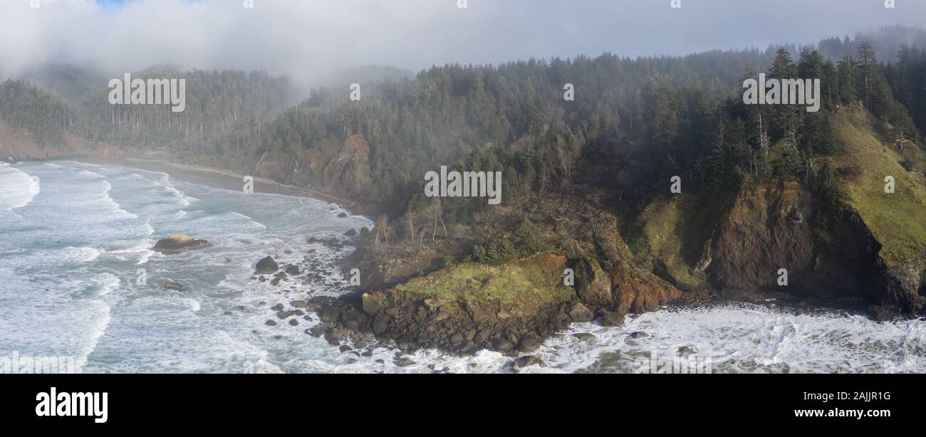 L'océan Pacifique se lave à l'encontre de la côte rocheuse du nord de l'Oregon. Cette belle région sauvage, est souvent couvert par une couche de brume sombre marine. Banque D'Images