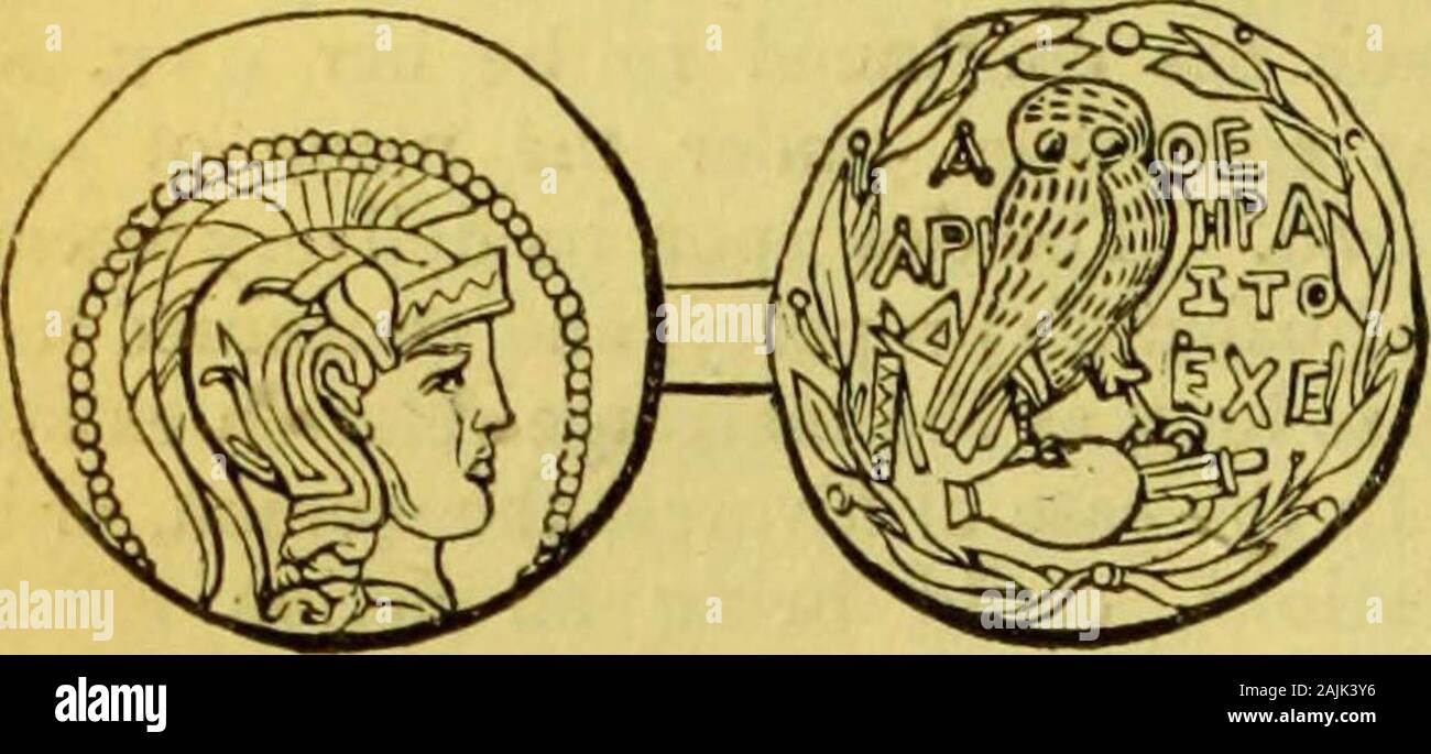 School dictionary of Greek and Roman Antiquities . de notre argent. Il contenait des sixobols (d€ooi) ; et les Athéniens hadseparate à partir de quatre pièces d'argent, drachmaeto un quart d'une obole. Il y avait des morceaux d'alsosilver fourdrachmae et deux drachmes. Le tableau suivant donne la valeur de l'argent en anglais Atheniancoins, à partir d'un trimestre à une obole-tetradrachme ; Obol- - -- - - 1 obole obole - - - - - - Diobolus Triobolus Tetrobolus - Drachme - - - - - Didrachm tetradrachme de compère. Pence. 1 3 4 6 9 1 7 3 3 Fartii. 625 255 100 drachmes le mina contenues, andwas par conséquent égal à 4/. 1 s. 3d. ; et Banque D'Images