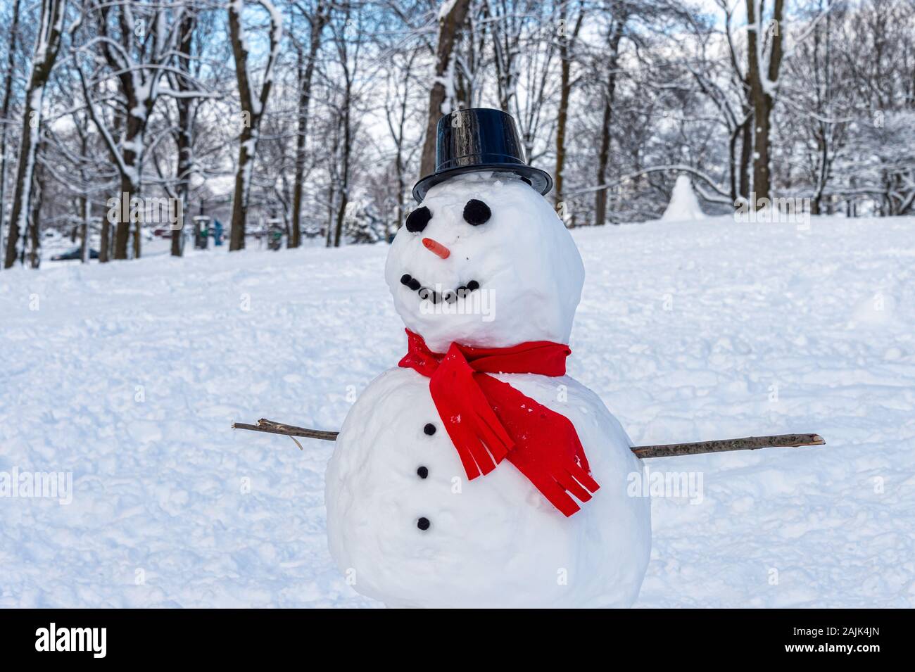 Bonhomme de neige avec foulard rouge, un chapeau et de carottes nez à Montréal Banque D'Images