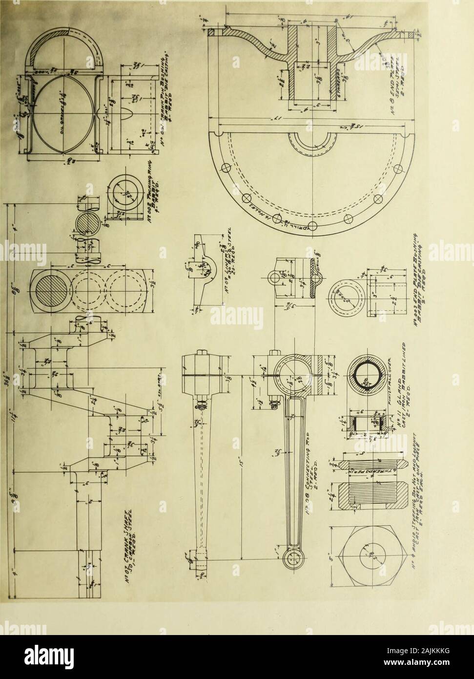 Une discussion de la conception de petits compresseurs d'ammoniac . 22. - 231 Projet de LOI DE MATÉRIAUX. No Name No Reqd. Mater ial. Remarques. l X I X Bouteilles en acier 2 Cyl. DCUU 2 tête de piston de soupape 4 C H C cage II Piston ring oo s'il cas détraqué 1 X 7 plis p uexou 8 roues en fer fin plaque p q d yyl nfrtAl 3 9 écrou presse-ctsit^p v xi sur * ** l'écrou de p &gt;je n 11 w gland 2 •• « t Babbit bordée 01 tige de valve" oiee p x o ? 9 Vanne de décharge 03 e n p H 04 n snrinc p tt Sue t i sur n w mMw " je wu n a II 06 2 axe de vilebrequin 07 il Sol 1 il les broches de masse 08 bielle 2 il forgeage 09 # 30 Chemises tt Banque D'Images