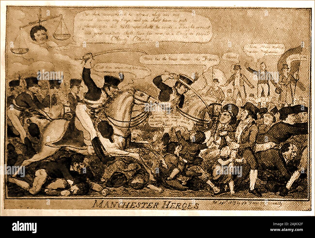 1819 une caricature politique satirique sur les émeutes de Manchester (Royaume-Uni). La Peterloo massacre a eu lieu à St Peter's Field, Manchester, le lundi 16 août 1819. Cavalerie chargée dans une foule de 60 000-80 000 qui s'étaient rassemblés pour exiger des réformes dans la représentation parlementaire. Banque D'Images