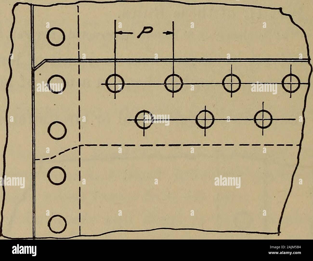 Les ingénieurs et les pompiers de conduire droit . fig. 2. 14 Partie II. - L'article 7. A  = Force de plaque  = P X T X T. S. B  = Force de la plaque entre les trous de rivet  = (P-D) t X T. S. C  = résistance au cisaillement d'un rivet en cisaillement simple  = n X S X a. D  = force de concassage de la plaque en face de l'un (1) rivet  = d X T X c. Diviser B, C ou D (celui qui est le moins) par un, et le quotientwill est l'efficacité d'un joint à recouvrement rivetés, comme montré dans Fig. 2. T. S.  = 55 000 livres.t  = i  = .25.P  = 1,625.lg  = d  = -ii  =.6875..3712 pouces carrés un =.s  = 42 000 livres,c  = 95 000 livres.A  = 1,625 X 25 X 55 000  = 22 Banque D'Images