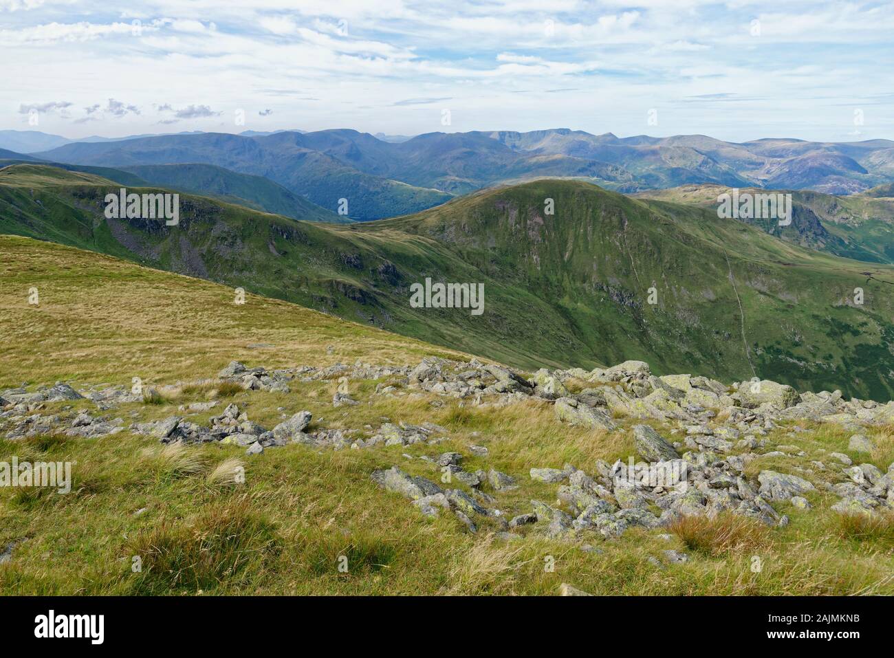 Vue ouest de Rampsgill la tête sur Deepdale vers Fairfield (873m à gauche), St Sunday Crag (841M) La Cape & Helvellyn (949M), Lake District, Cumbria, Banque D'Images