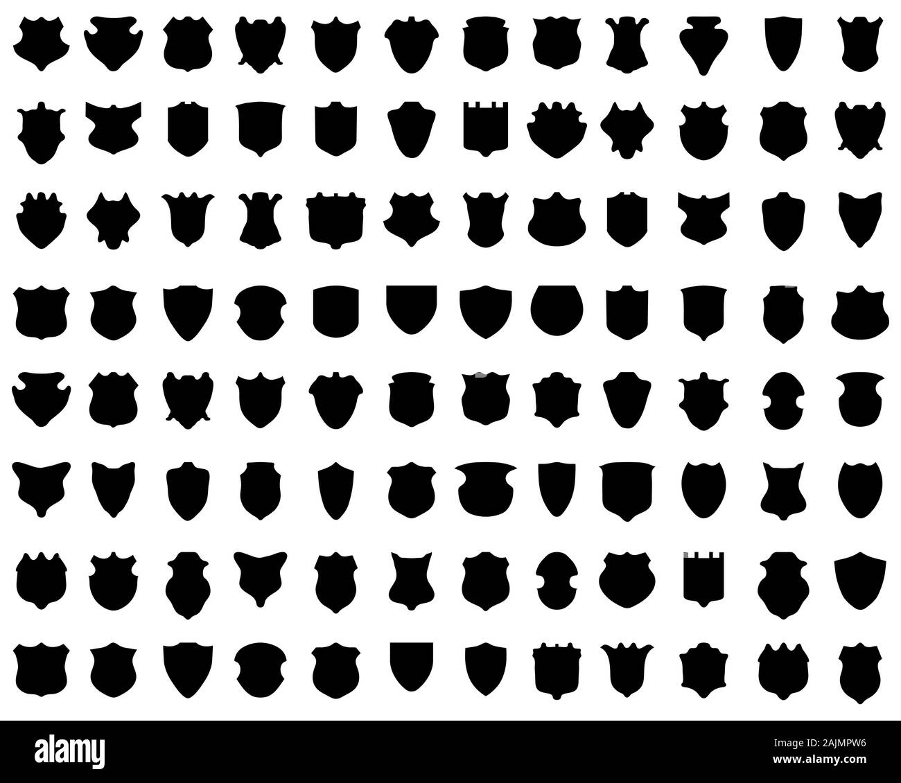 Silhouettes noires de boucliers sur un fond blanc, vector Banque D'Images