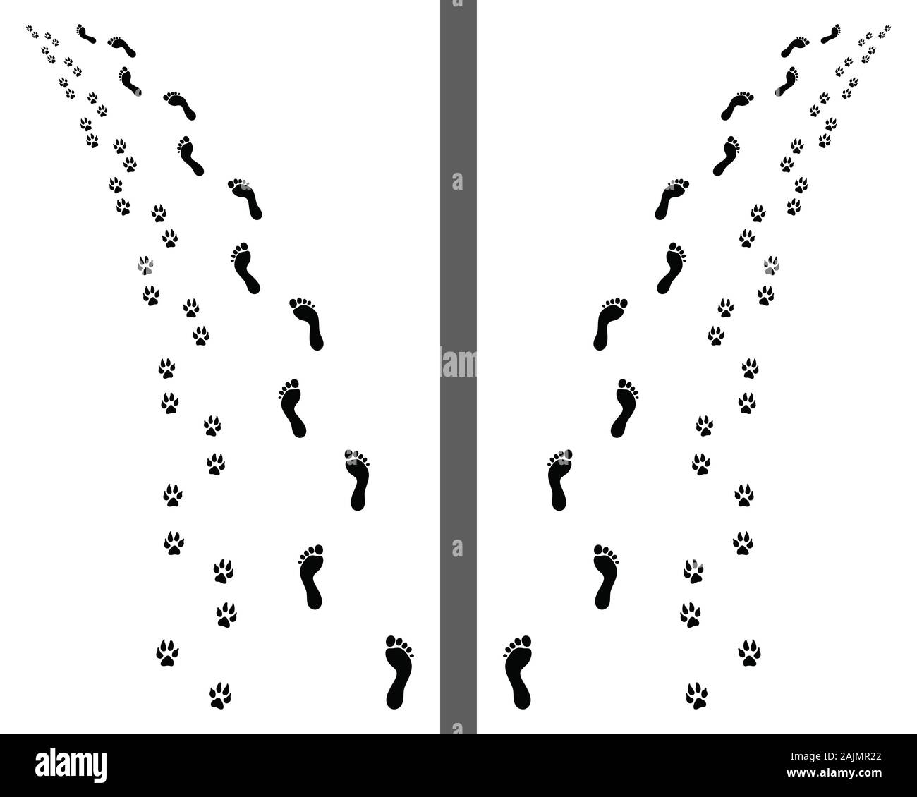 Empreintes de l'homme et du chien sur fond blanc, tourner à gauche ou à droite, vecteur Banque D'Images
