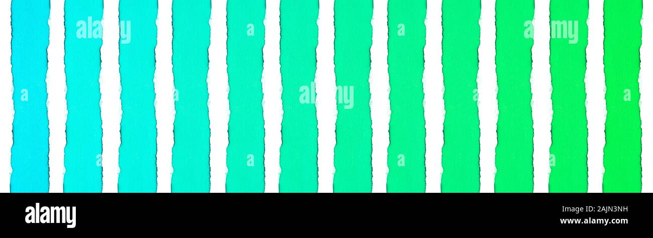 Des bandes de papier de différentes couleurs avec un dégradé lisse d'un bleu à vert menthe douce et isolés avec du papier blanc bords déchirés entre eux. Abilit Banque D'Images