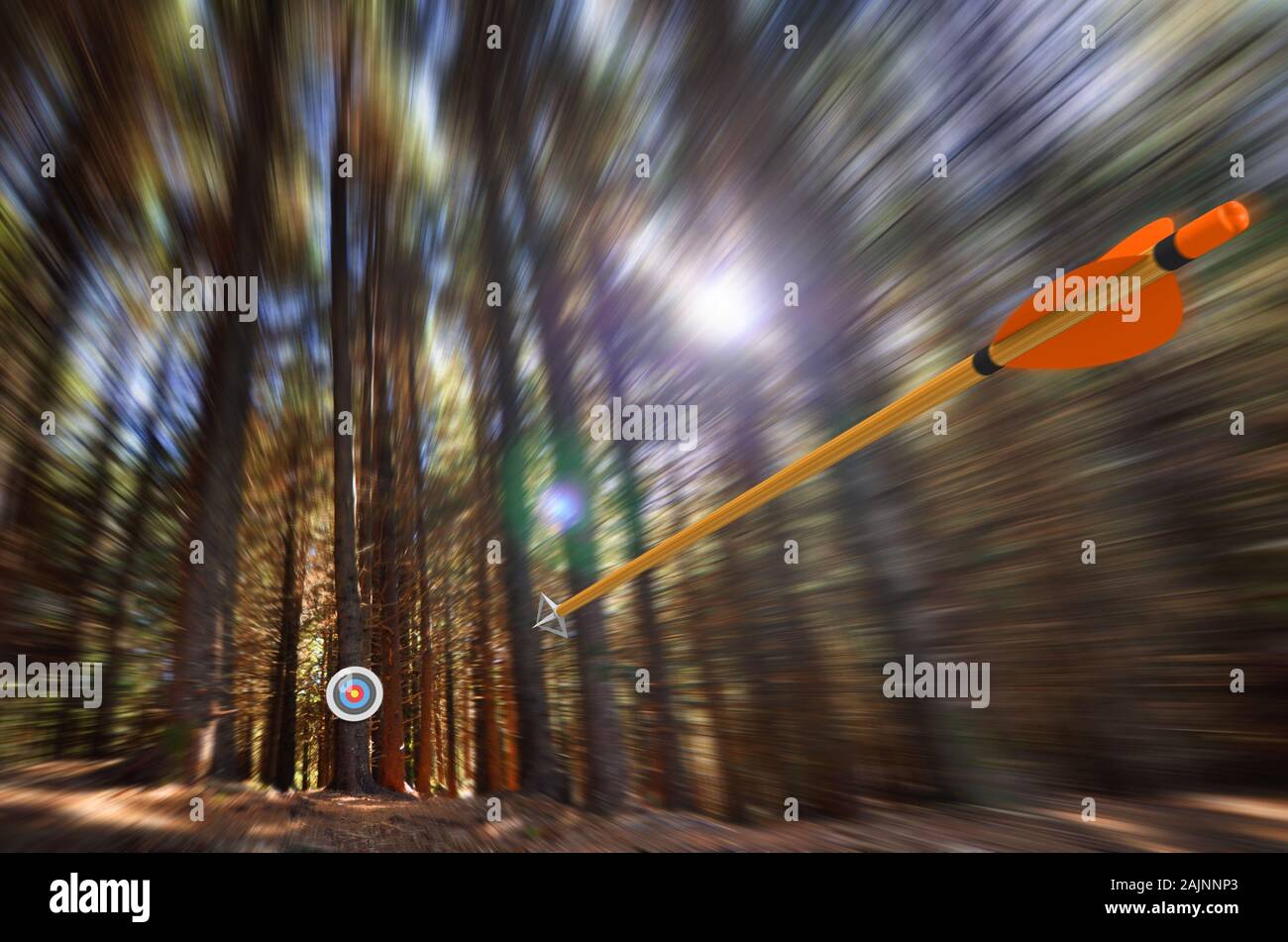 Vol de flèche à la cible avec l'effet de flou radial Banque D'Images
