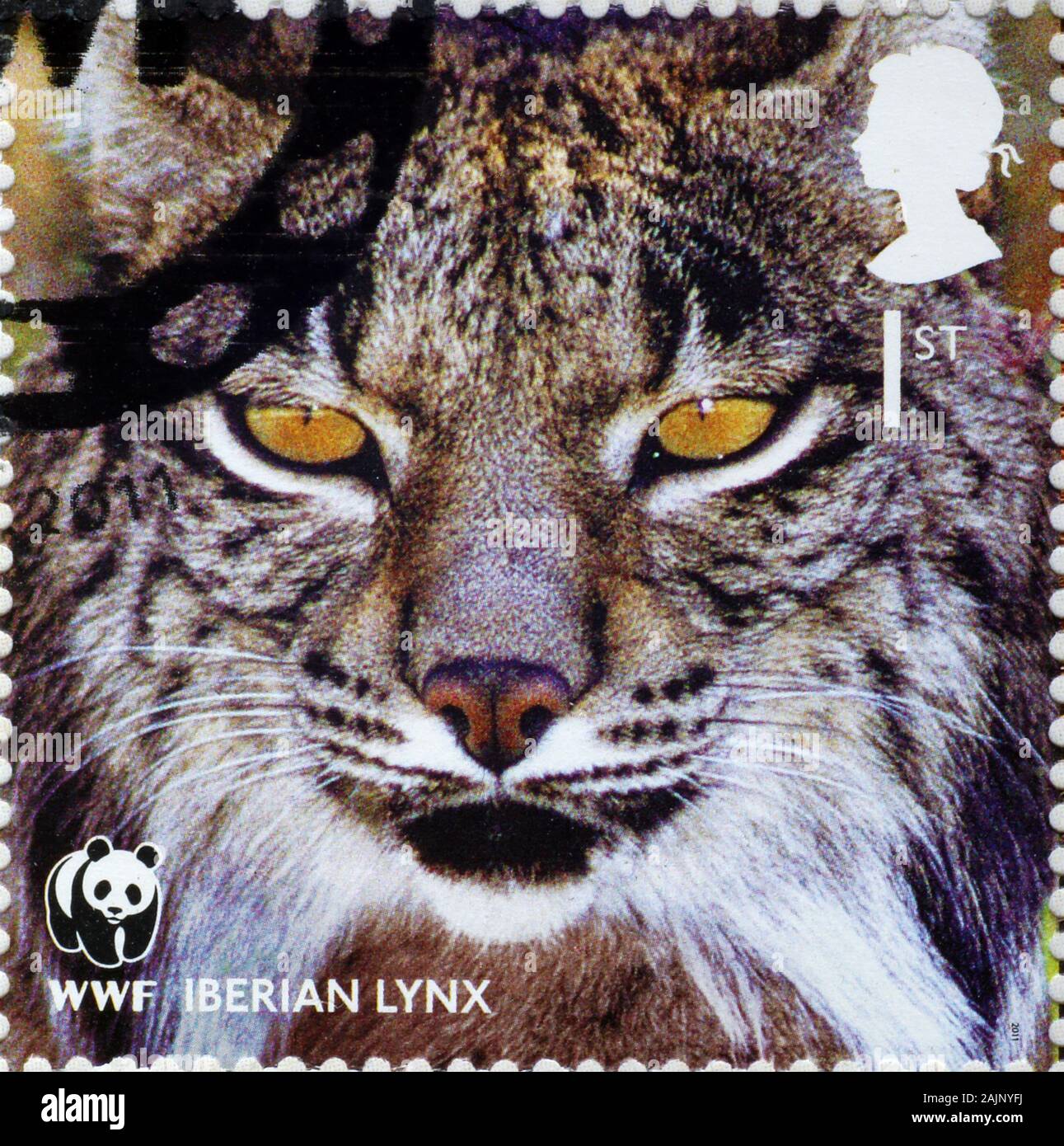 Gros plan du lynx ibérique sur timbre-poste britannique Banque D'Images