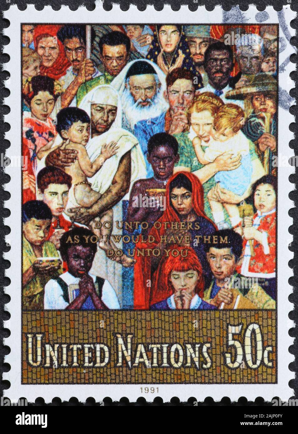 Peinture de Norman Rockwell avec personnes multiethnique sur stamp Banque D'Images