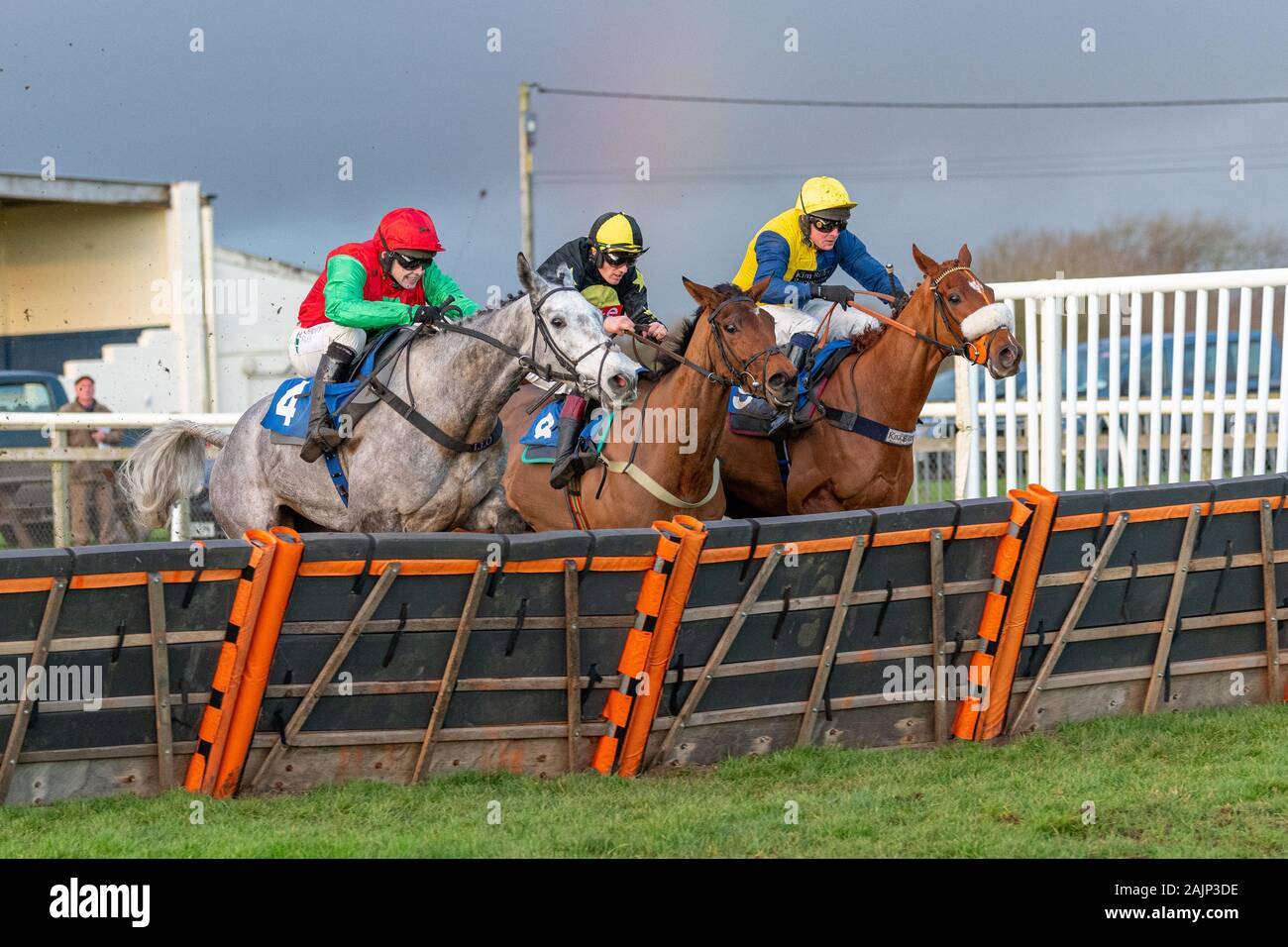 Cheval gris Arriverderci sauter le dernier obstacle et s'exécutant dans pour gagner la course de haies de jeune fille BoyleSports à Wincanton. Monté par Jonjo O'Neill Jr. Banque D'Images