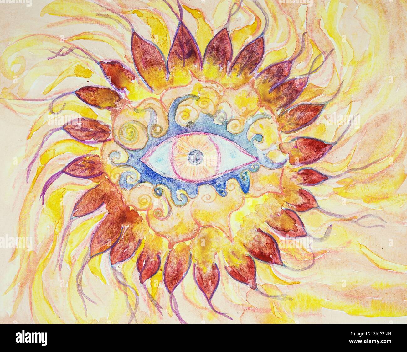 Mandala avec troisième oeil cosmique. La technique du badigeonnage près des bords donne un effet de flou en raison de la modification de la rugosité de surface du papier. Banque D'Images