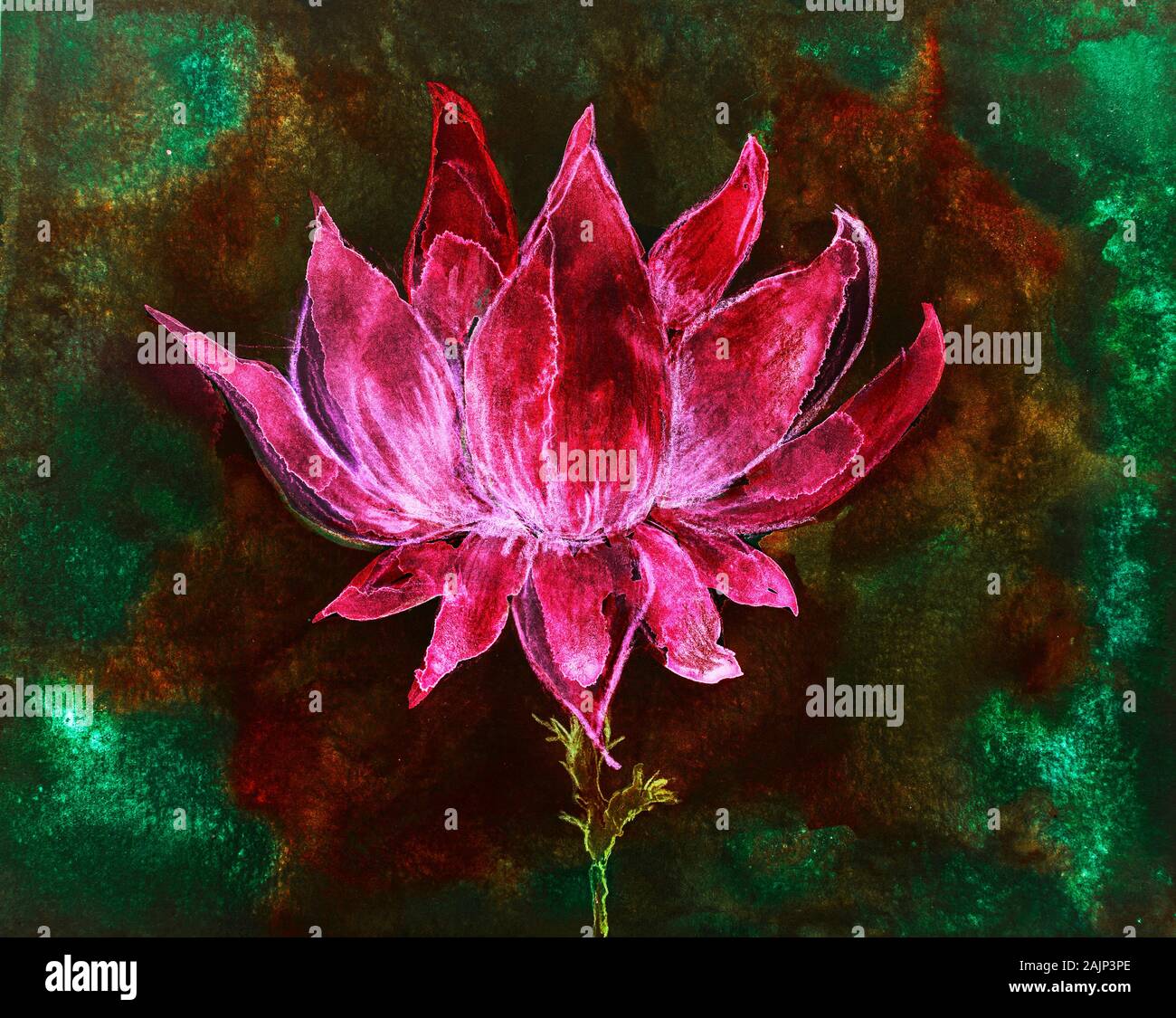 Fleur de lotus rouge vif sur un fond vert et or. La technique du badigeonnage près des bords donne un effet de flou en raison de la surface modifiée ro Banque D'Images