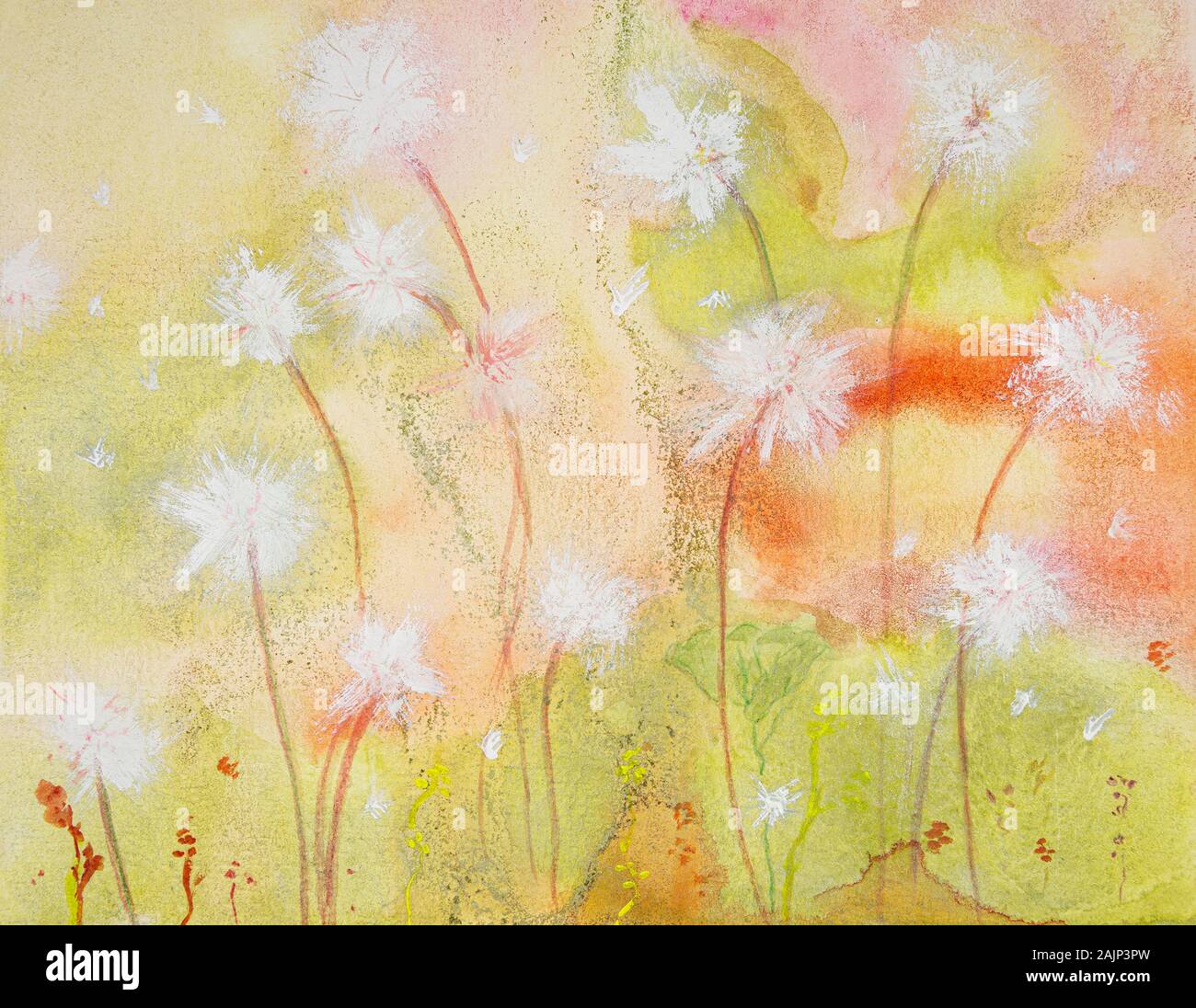 Graines de pissenlit dans le vent. La technique du badigeonnage près des bords donne un effet de flou en raison de la modification de la rugosité de surface du papier. Banque D'Images