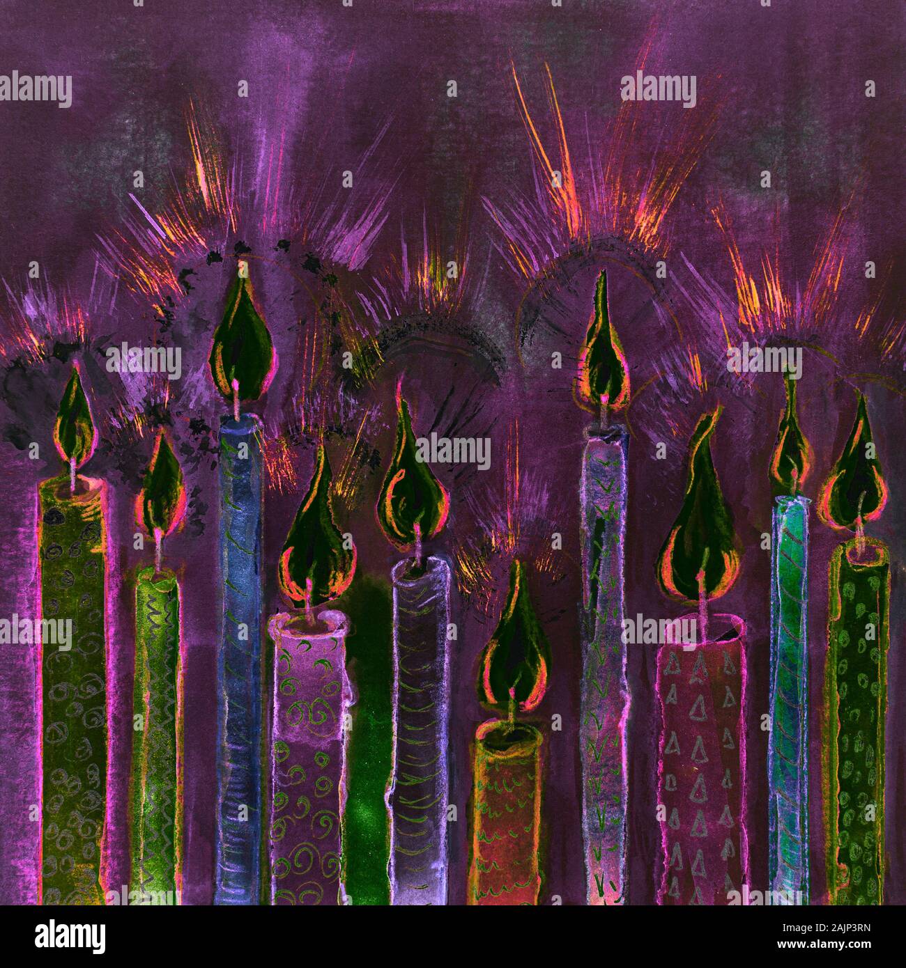 Shining psychédélique des bougies. La technique du badigeonnage près des bords donne un effet de flou en raison de la modification de la rugosité de surface du papier. Banque D'Images