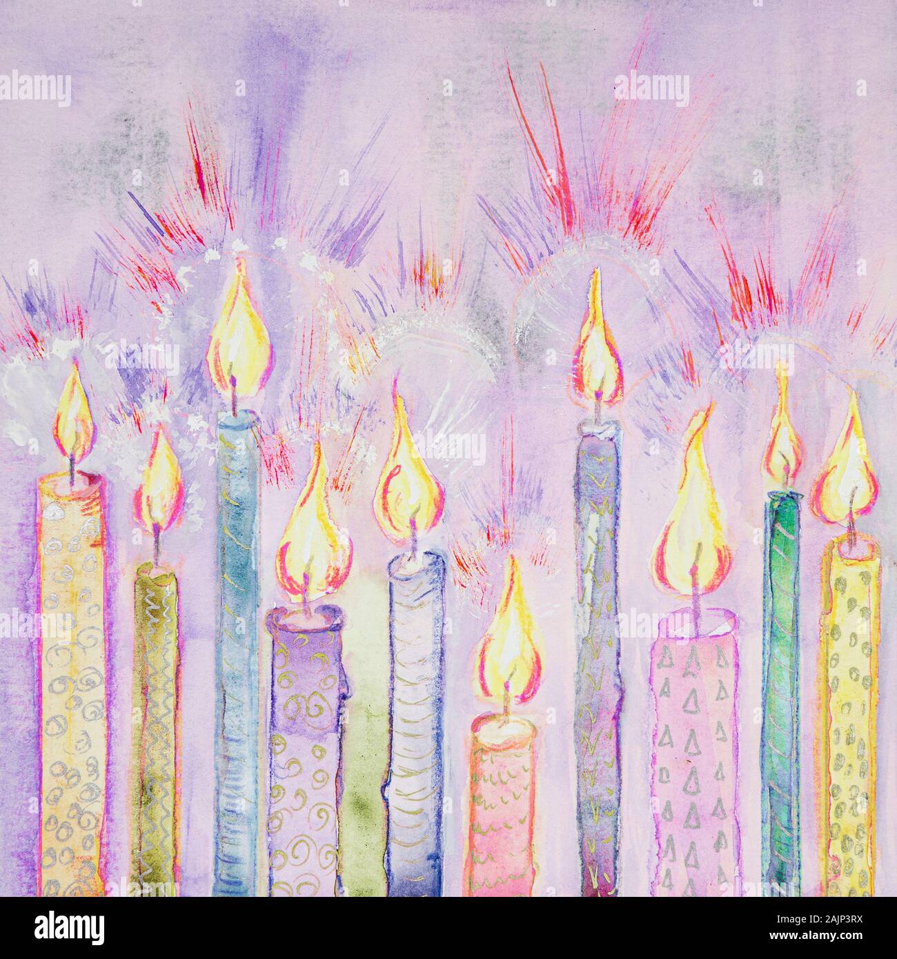 Bougies brillant sur un fond de lavande. La technique du badigeonnage près des bords donne un effet de flou en raison de la modification de la rugosité de la p Banque D'Images