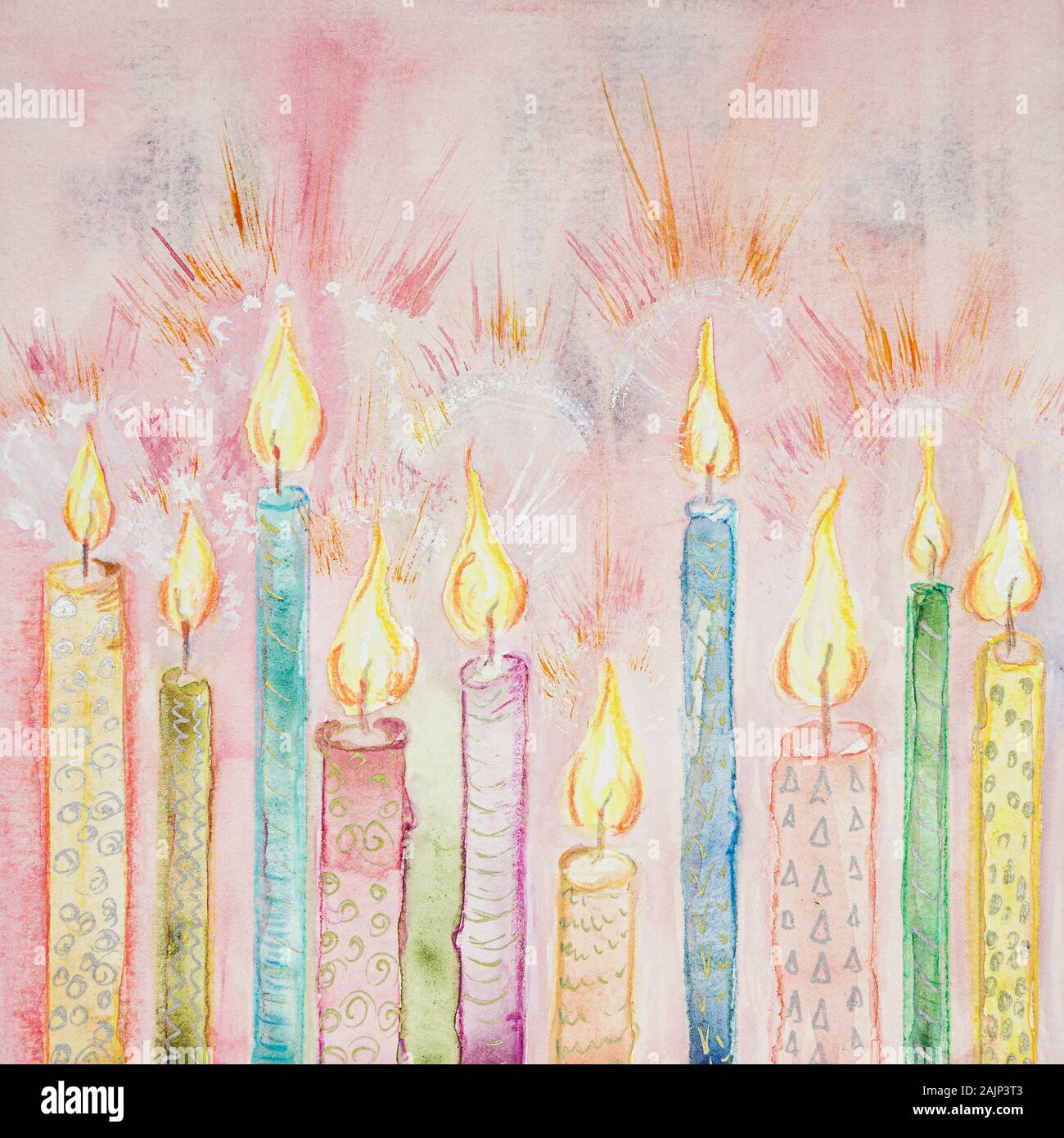 Rangée de brillant lumineux des bougies. La technique du badigeonnage près des bords donne un effet de flou en raison de la modification de la rugosité de surface du papier. Banque D'Images
