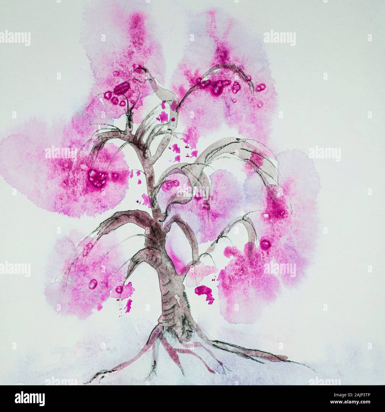 Arbre généalogique rose chinois minimaliste. La technique du badigeonnage près des bords donne un effet de flou en raison de la modification de la rugosité de surface du papier. Banque D'Images