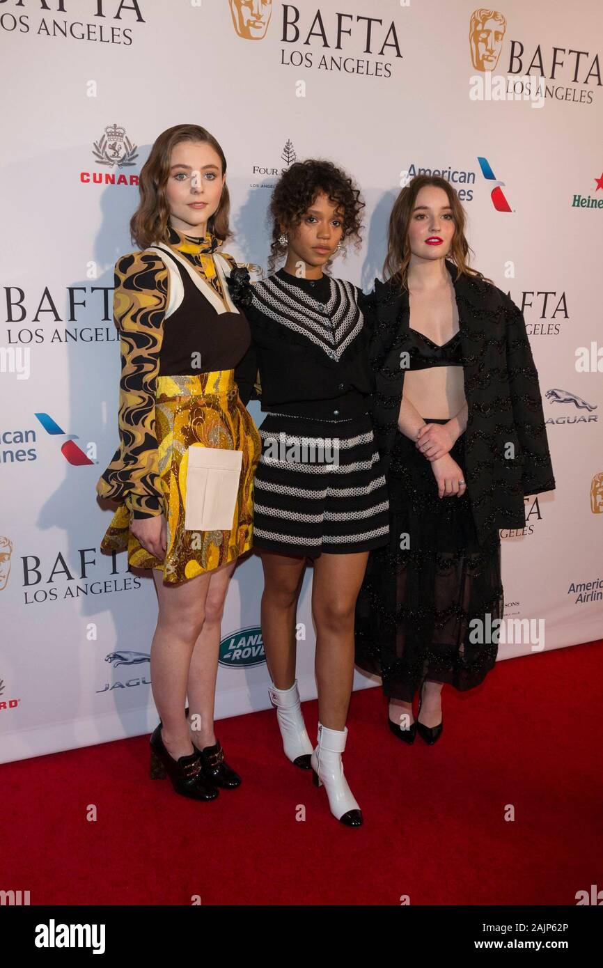 Los Angeles, USA. 05Th Jan, 2020. Thomasin McKenzie (l-r), Russell Taylor et Kaitlyn Dever assister le BAFTA Los Angeles Saison des prix Tea Party à l'hôtel Four Seasons de Los Angeles, Californie, USA, le 04 janvier 2020. | conditions dans le monde entier : dpa Crédit photo alliance/Alamy Live News Banque D'Images