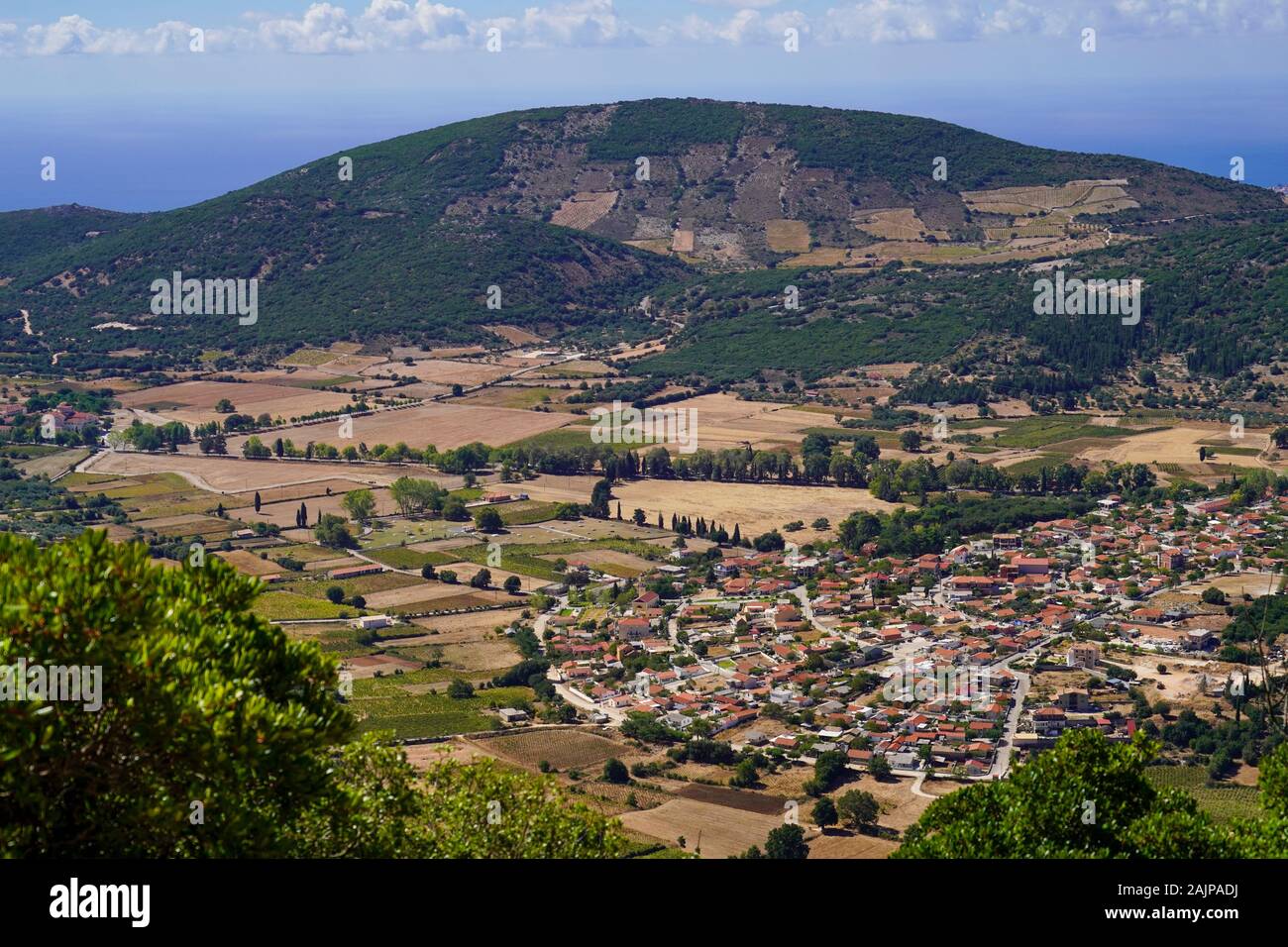 Terres agricoles et du paysage comme vu sur l'île grecque de Céphalonie, Mer Ionienne, Grèce Banque D'Images