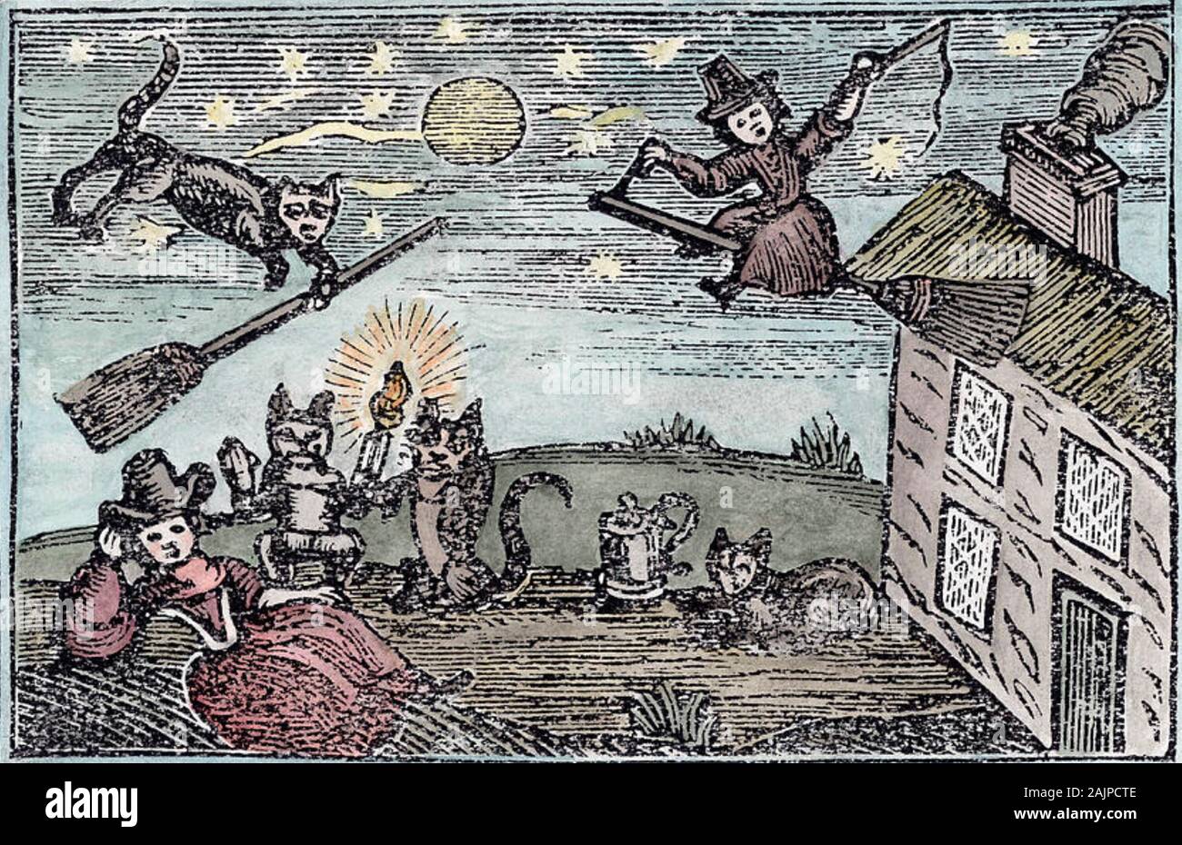 Les sorcières avec leurs familiers dans une gravure sur bois de 1600 Banque D'Images