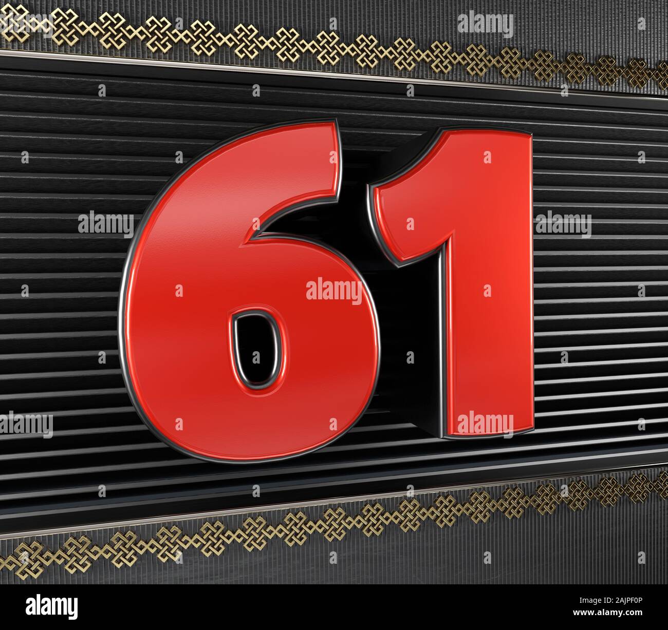 Numéro 61 numéro rouge (61) avec les symboles d'or noeud sans fin. 3D ...