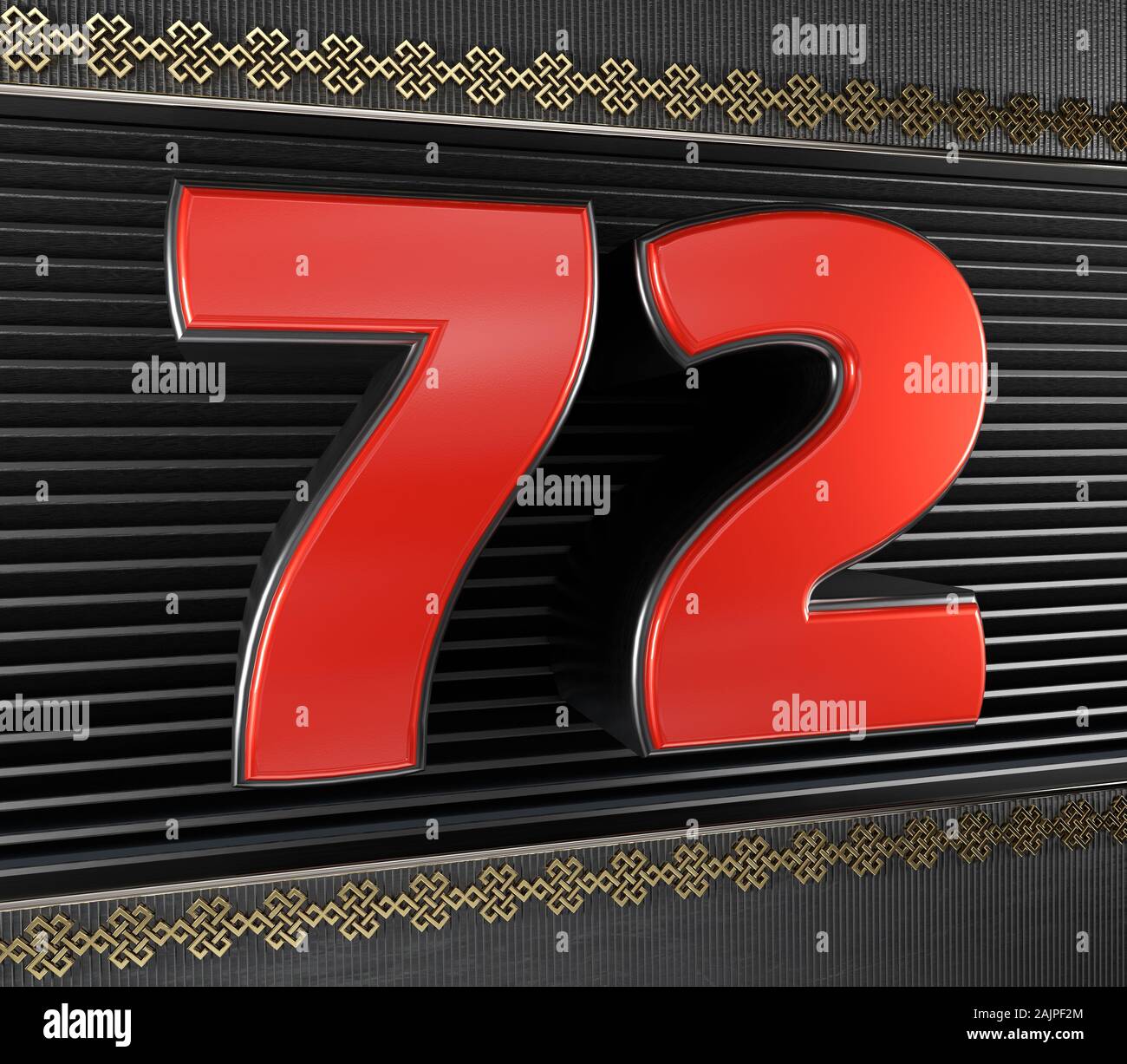 Numéro 72 numéro rouge (72) avec les symboles d'or noeud sans fin. 3D illustration Banque D'Images