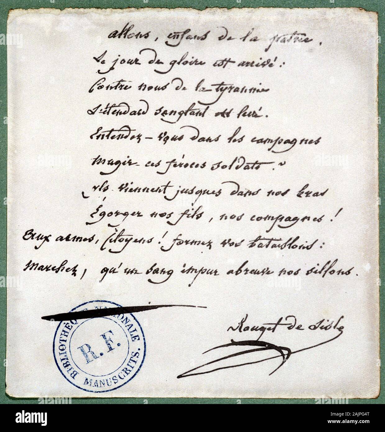 La reproduction d'une strophe de la Marseillaise manuscrite par Rouget de Lisle (Rouget de L'isle, 1760-1836) - dans 'Du fond de l'abime vers la resurrecti Banque D'Images
