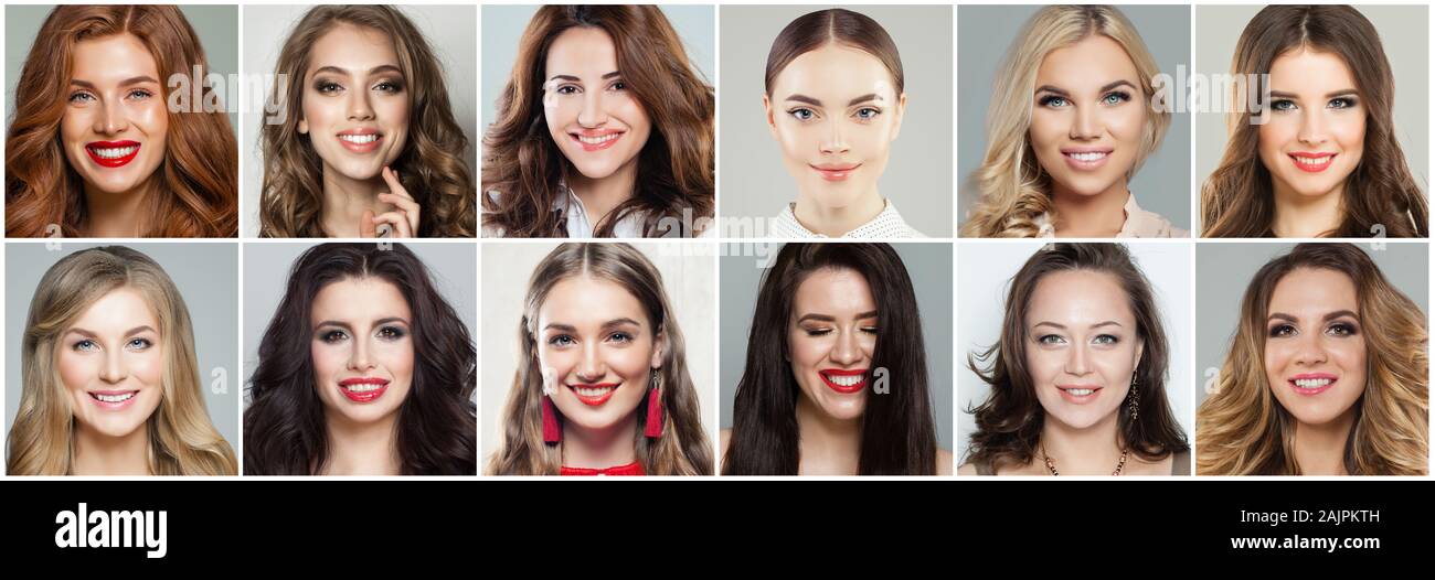 Beaux Visages Feminins Emotionnel Defini Happy Friendly Visages De Femmes Des Emotions Positives Portraits Photo Stock Alamy