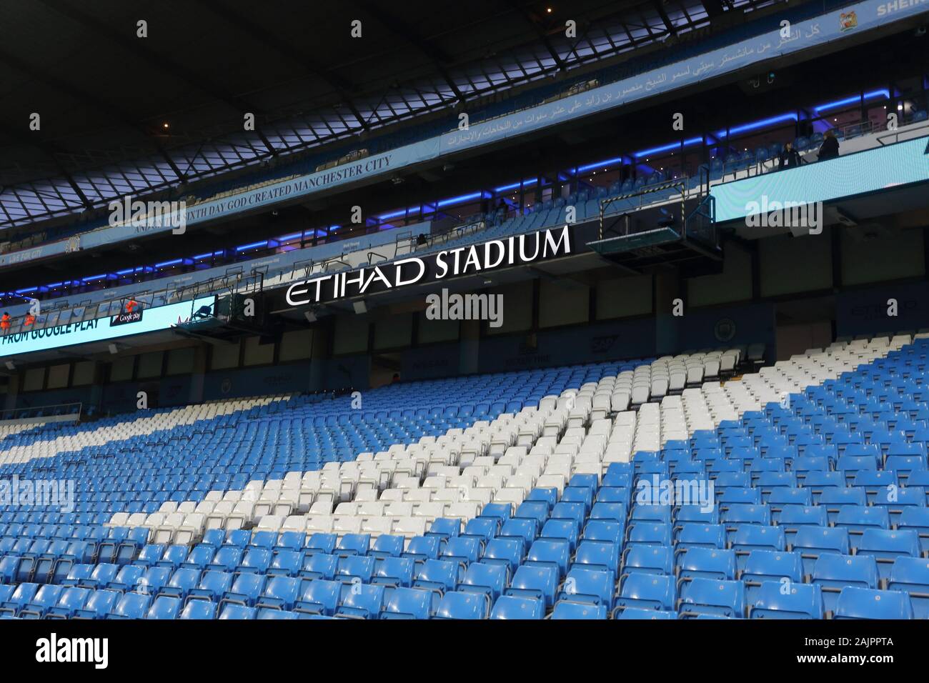 Manchester, UK. 4 janvier, 2020. Une vue générale à l'intérieur de l'Etihad Stadium, le stade de Manchester City FC. Banque D'Images