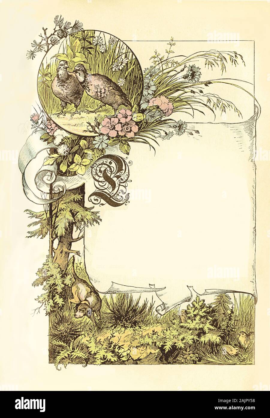 Beau chapitre avant frontière avec faisan caché dans la nature, un chien de chasse, les décorations florales, la lettre L dans l'ancien style allemand et l'étiquette étiquette avec copyspace Banque D'Images