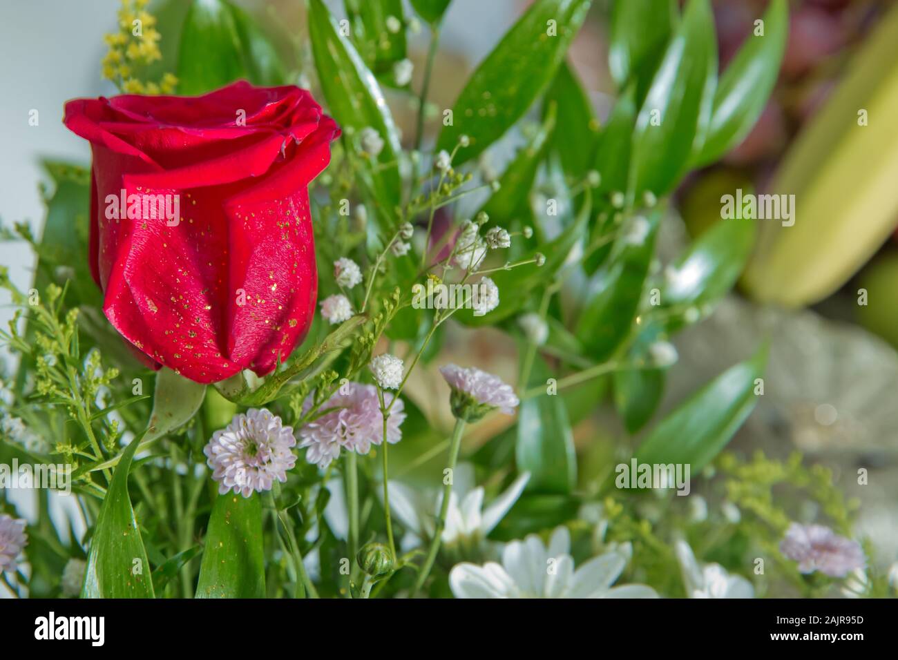 Fleur rouge photo close up dans le bouquet. Le pétale de fleur . Bouquet de roses rouges fraîches . bouquet de roses rouges . Banque D'Images